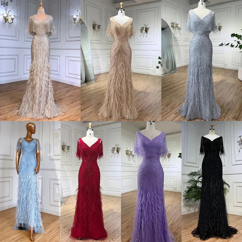 Vestidos de noche de lujo de sirena marrón, con cuentas y plumas, elegantes para mujer, para fiesta, LA71323 