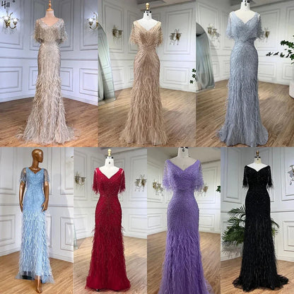 Vestidos de noche de lujo de sirena marrón, con cuentas y plumas, elegantes para mujer, para fiesta, LA71323 