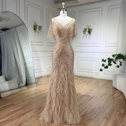Vestidos de noche de lujo de sirena marrón, con cuentas y plumas, elegantes para mujer, para fiesta, LA71323 