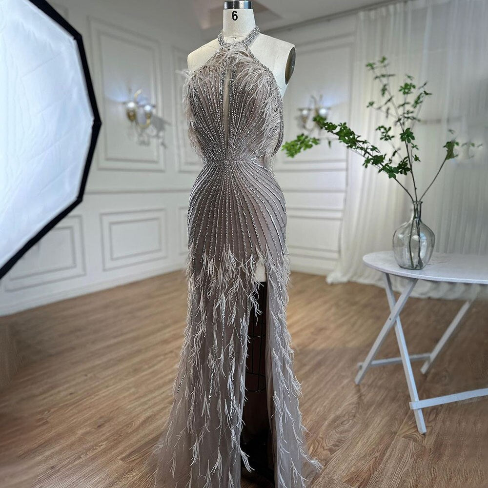 En oferta, sin devolución ni reembolso, vestido de noche de sirena Carame sin mangas, sexy, con abertura alta y plumas y cuentas, para mujer, fiesta de boda 2025 LA72132 
