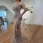 En oferta, sin devolución ni reembolso, vestido de noche de sirena Carame sin mangas, sexy, con abertura alta y plumas y cuentas, para mujer, fiesta de boda 2025 LA72132 