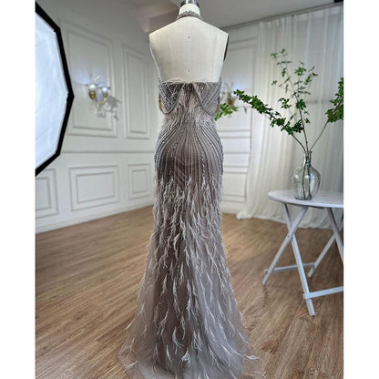 En oferta, sin devolución ni reembolso, vestido de noche de sirena Carame sin mangas, sexy, con abertura alta y plumas y cuentas, para mujer, fiesta de boda 2025 LA72132 