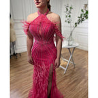 En oferta, sin devolución ni reembolso, vestido de noche de sirena Carame sin mangas, sexy, con abertura alta y plumas y cuentas, para mujer, fiesta de boda 2025 LA72132 