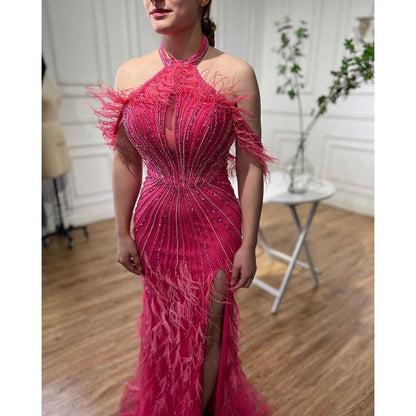En oferta, sin devolución ni reembolso, vestido de noche de sirena Carame sin mangas, sexy, con abertura alta y plumas y cuentas, para mujer, fiesta de boda 2025 LA72132 
