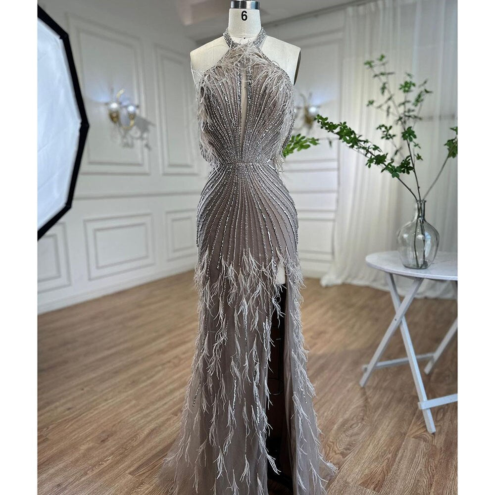 En oferta, sin devolución ni reembolso, vestido de noche de sirena Carame sin mangas, sexy, con abertura alta y plumas y cuentas, para mujer, fiesta de boda 2025 LA72132 