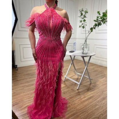 En oferta, sin devolución ni reembolso, vestido de noche de sirena Carame sin mangas, sexy, con abertura alta y plumas y cuentas, para mujer, fiesta de boda 2025 LA72132 