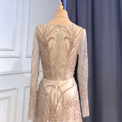 Vestidos de noche de lujo color caramelo, corte A, cuello redondo, manga larga, con cuentas, para mujer, fiesta, LA71667 