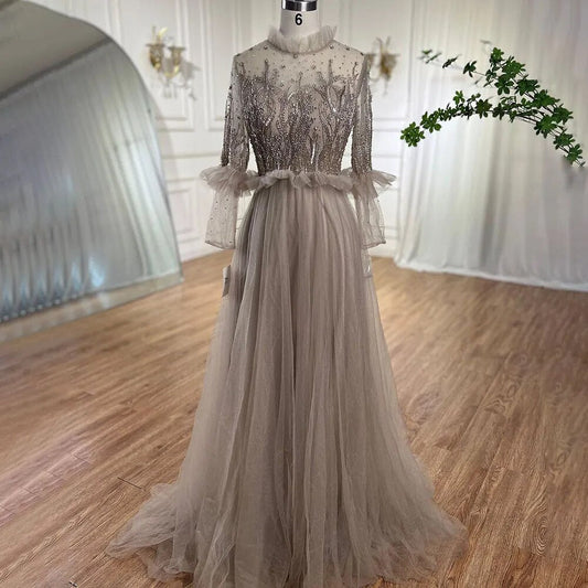Vestido de noche color caramelo, corte A, cuello redondo, con cuentas y cristales, mangas largas para mujer, ideal para bodas, 2025, LA70147 