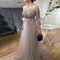Caramel A Line O Neck Beaded Crystal Evening Dresses Gowns Long Sleeves For Woman Wedding Party 2025 LA70147