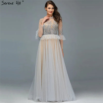 Vestido de noche color caramelo, corte A, cuello redondo, con cuentas y cristales, mangas largas para mujer, ideal para bodas, 2025, LA70147 
