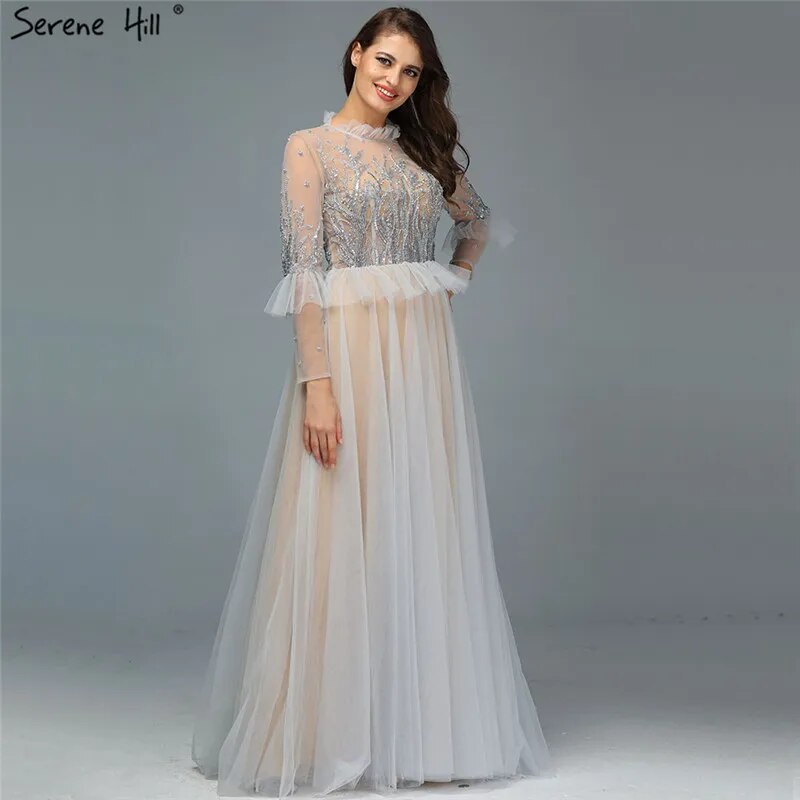 Vestido de noche color caramelo, corte A, cuello redondo, con cuentas y cristales, mangas largas para mujer, ideal para bodas, 2025, LA70147 