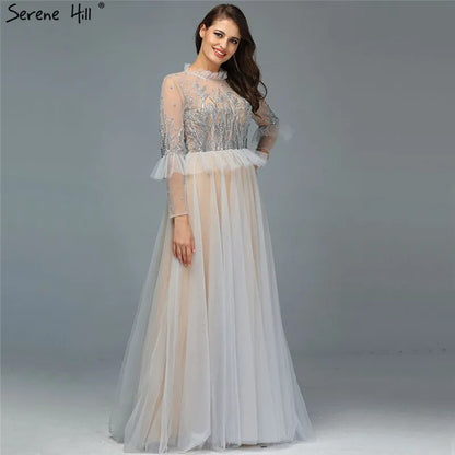 Vestido de noche color caramelo, corte A, cuello redondo, con cuentas y cristales, mangas largas para mujer, ideal para bodas, 2025, LA70147 