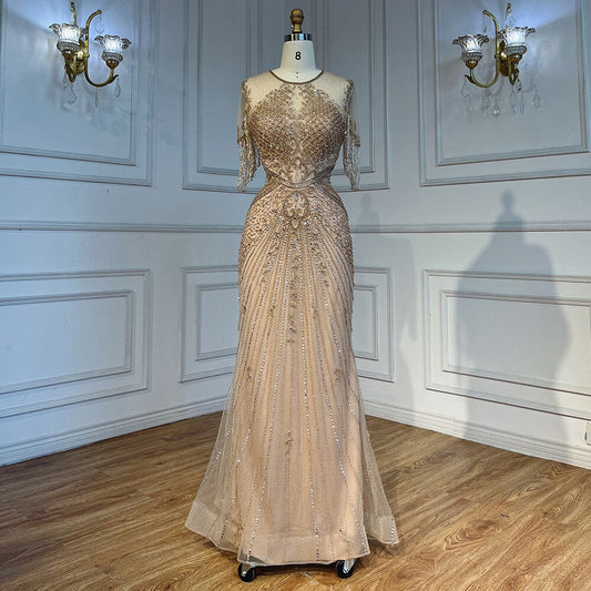 Vestidos de noche color caramelo con mangas casquillo, borlas y cuentas, estilo sirena, para la fiesta de bodas de la madre de la novia 2025 LA72069 