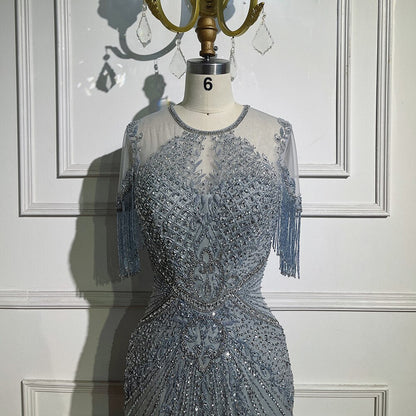 Vestidos de noche color caramelo con mangas casquillo, borlas y cuentas, estilo sirena, para la fiesta de bodas de la madre de la novia 2025 LA72069 