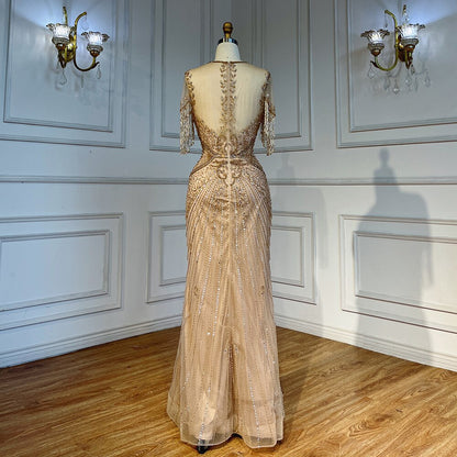 Vestidos de noche color caramelo con mangas casquillo, borlas y cuentas, estilo sirena, para la fiesta de bodas de la madre de la novia 2025 LA72069 