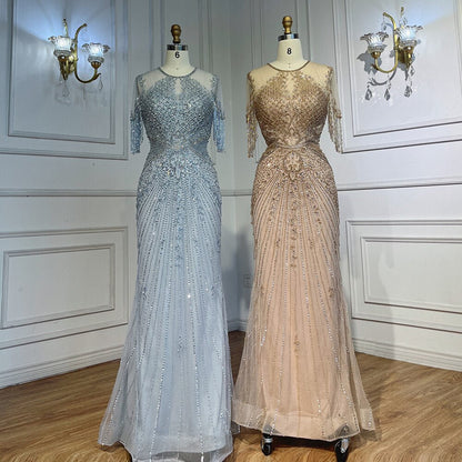 Vestidos de noche color caramelo con mangas casquillo, borlas y cuentas, estilo sirena, para la fiesta de bodas de la madre de la novia 2025 LA72069 