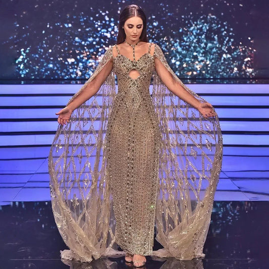 Vestidos de noche de sirena con mangas de capa color caramelo, vestidos de fiesta de lujo con cuentas 2025 para mujer LA72053 