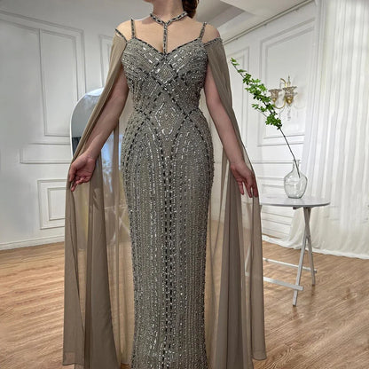 Karamell Cape Ärmel Meerjungfrau Abendkleider Luxus Perlen Party Kleider 2025 Für Frauen LA72053 