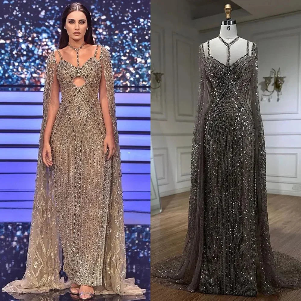 Caramel Cape Sleeves Mermaid Evening Dresses Luxury Beaded Party Gowns 2025 For Women LA72053