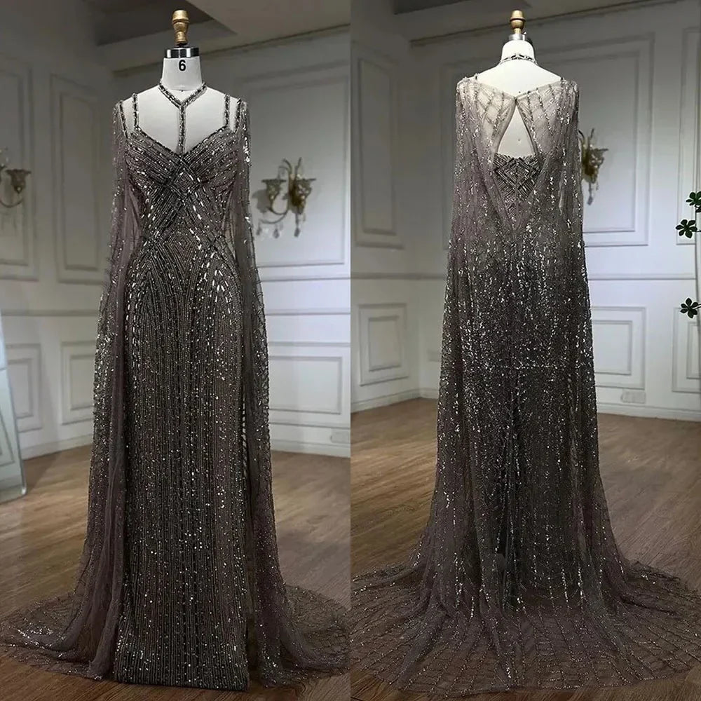Caramel Cape Sleeves Mermaid Evening Dresses Luxury Beaded Party Gowns 2025 For Women LA72053