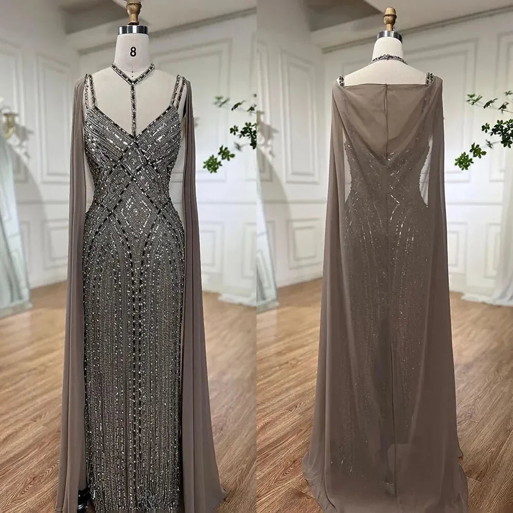 Caramel Cape Sleeves Mermaid Evening Dresses Luxury Beaded Party Gowns 2025 For Women LA72053