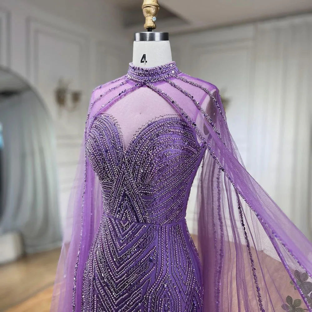 Vestido de noche largo de sirena con mangas abullonadas y abertura alta, con cuentas y escote tipo capa color caramelo para mujer, para fiesta LA72233 