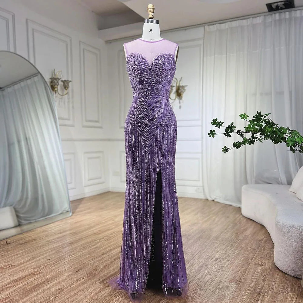 Vestido de noche largo de sirena con mangas abullonadas y abertura alta, con cuentas y escote tipo capa color caramelo para mujer, para fiesta LA72233 