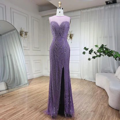 Vestido de noche largo de sirena con mangas abullonadas y abertura alta, con cuentas y escote tipo capa color caramelo para mujer, para fiesta LA72233 