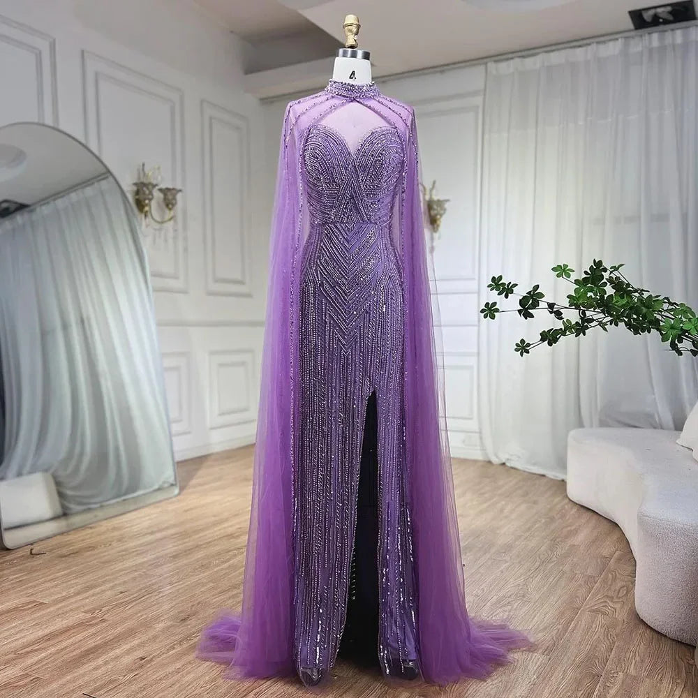 Vestido de noche largo de sirena con mangas abullonadas y abertura alta, con cuentas y escote tipo capa color caramelo para mujer, para fiesta LA72233 