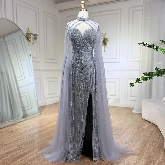 Vestido de noche largo de sirena con mangas abullonadas y abertura alta, con cuentas y escote tipo capa color caramelo para mujer, para fiesta LA72233 