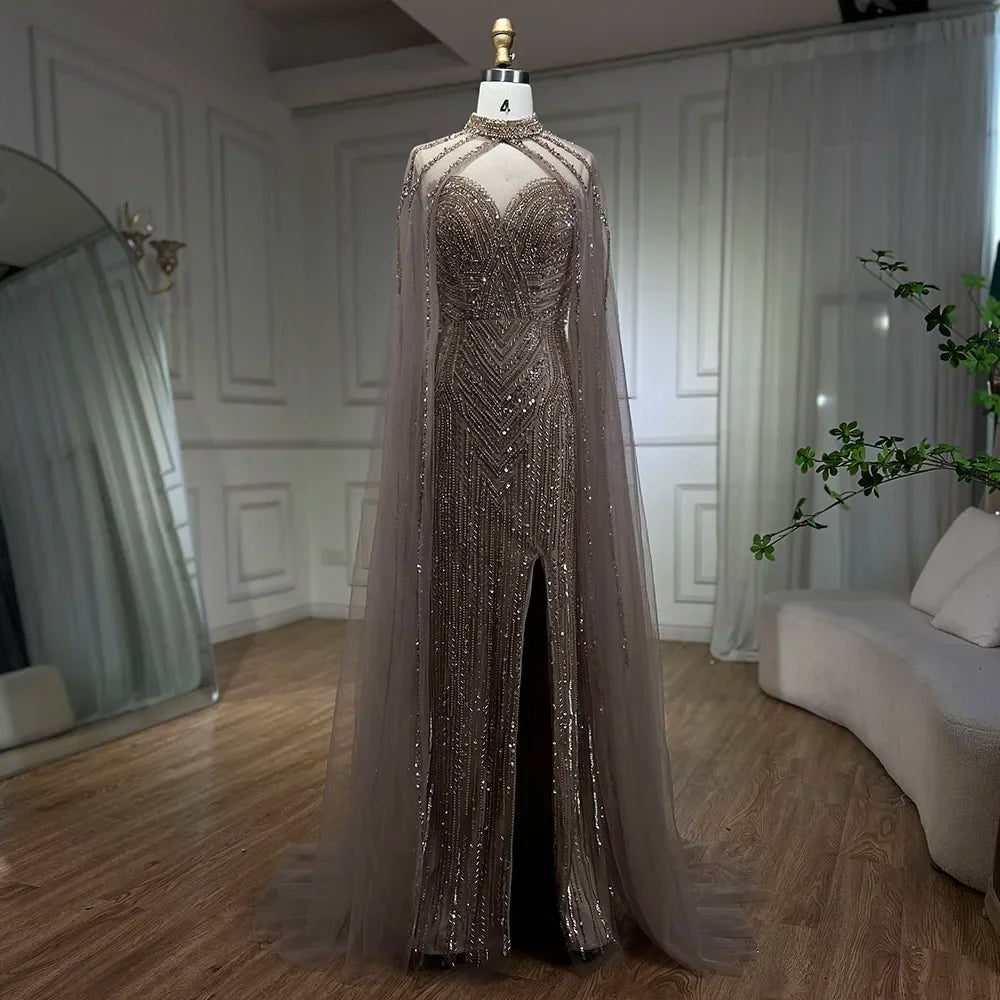 Vestido de noche largo de sirena con mangas abullonadas y abertura alta, con cuentas y escote tipo capa color caramelo para mujer, para fiesta LA72233 