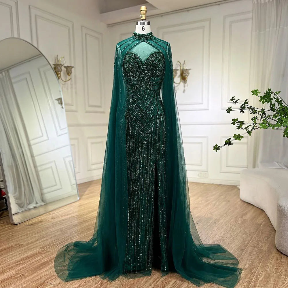 Vestido de noche largo de sirena con mangas abullonadas y abertura alta, con cuentas y escote tipo capa color caramelo para mujer, para fiesta LA72233 