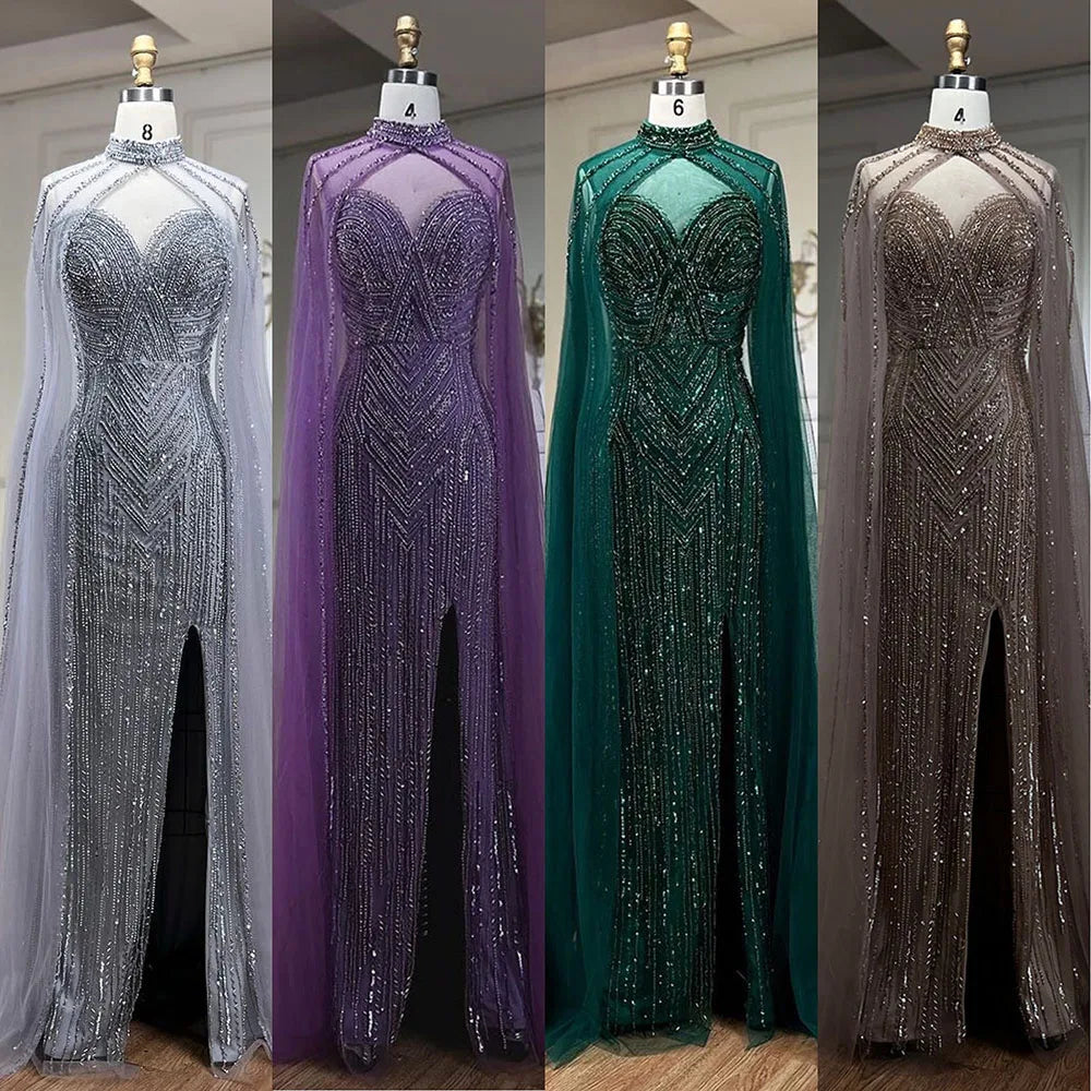 Vestido de noche largo de sirena con mangas abullonadas y abertura alta, con cuentas y escote tipo capa color caramelo para mujer, para fiesta LA72233 
