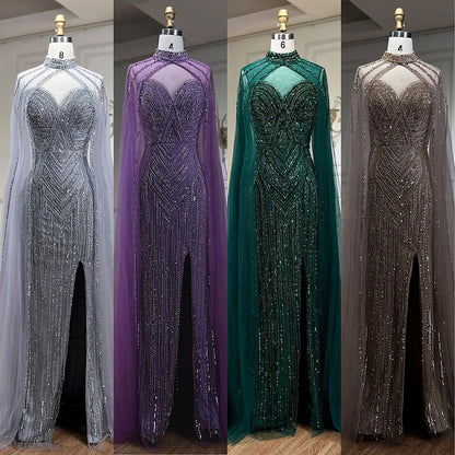 Vestido de noche largo de sirena con mangas abullonadas y abertura alta, con cuentas y escote tipo capa color caramelo para mujer, para fiesta LA72233 