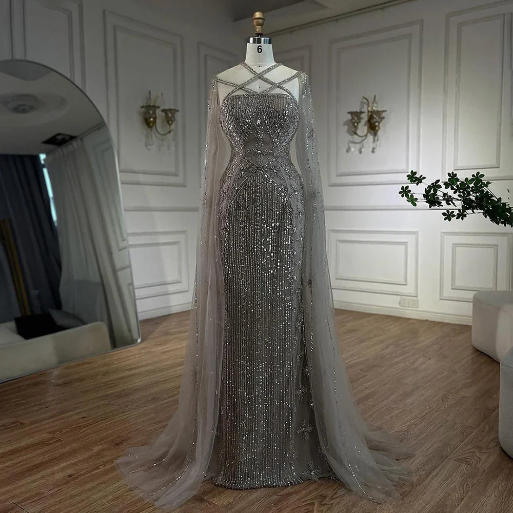 Karamell Elegante Cape-Ärmel Perlen Meerjungfrau Luxus Dubai Abendkleider Kleider Für Frauen Hochzeit Party 2025 LA71905B 