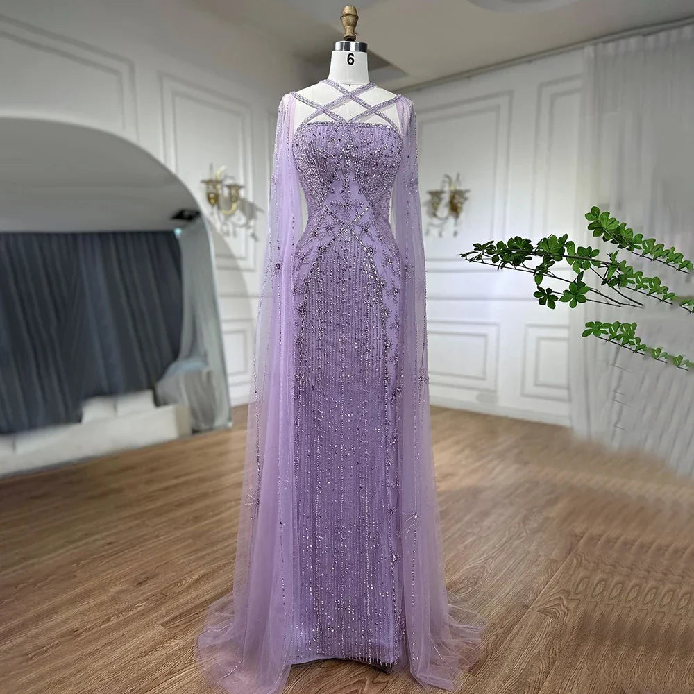 Karamell Elegante Cape-Ärmel Perlen Meerjungfrau Luxus Dubai Abendkleider Kleider Für Frauen Hochzeit Party 2025 LA71905B 