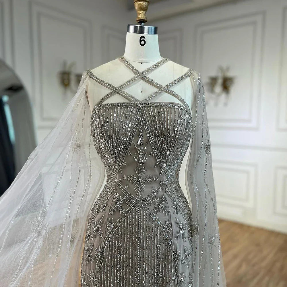 Elegante vestido de noche color caramelo con mangas largas y cuentas, corte sirena, de lujo, estilo Dubái, para mujer, para boda, fiesta, 2025, LA71905B 
