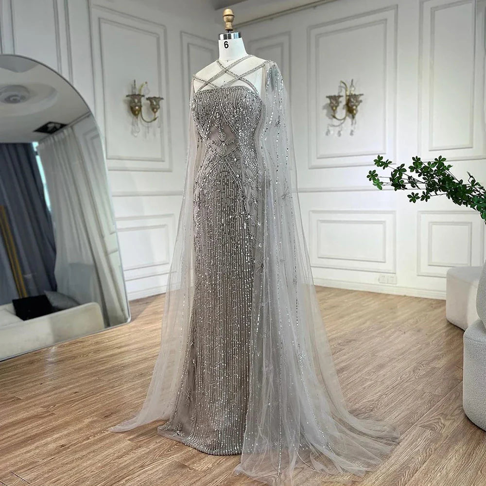Karamell Elegante Cape-Ärmel Perlen Meerjungfrau Luxus Dubai Abendkleider Kleider Für Frauen Hochzeit Party 2025 LA71905B 
