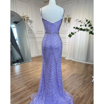 En oferta, sin devolución ni reembolso, elegante vestido de noche de sirena árabe de lujo con tirantes finos divididos y cuentas en color lila para ocasiones formales 2025 LA72109 