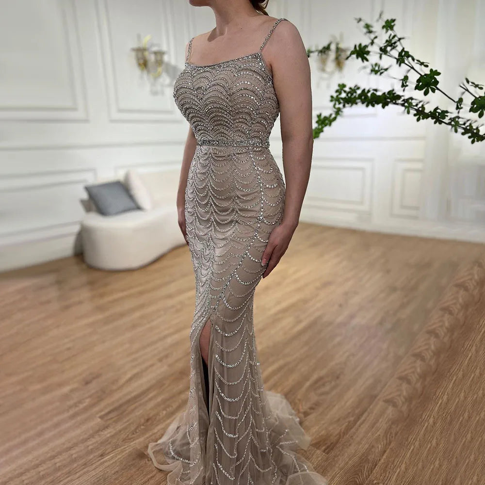 Im Angebot, keine Rückgabe, keine Rückerstattung, lila, elegante Spaghettiträger, geteilte Perlen, formelle Luxus-Abendkleider im Meerjungfrau-Stil für formelle Anlässe 2025 LA72109 