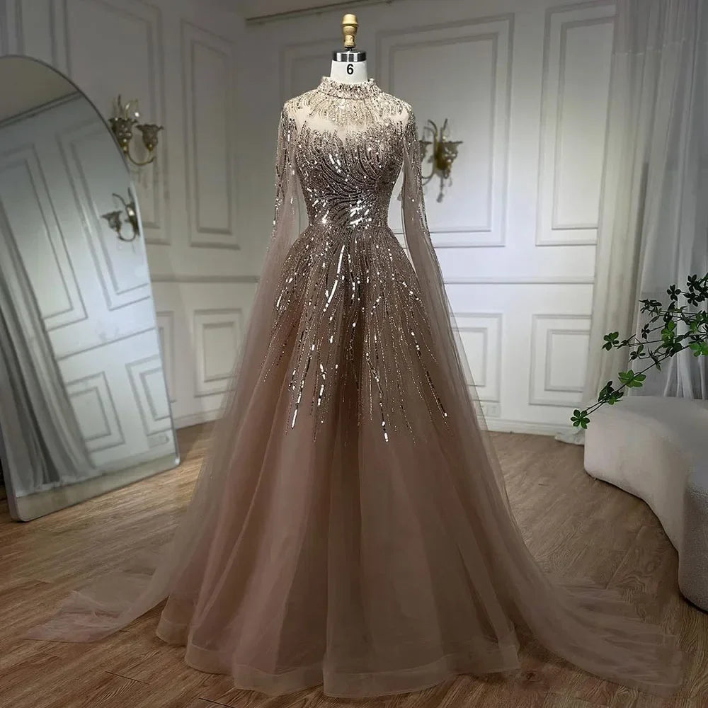 Karamellfarbenes Luxus-Abendkleid mit Cape-Ärmeln, A-Linie, Perlenbesetztes Spitzenkleid für die Hochzeitsfeier der Frauen 2025 LA72386 