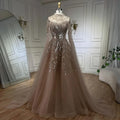 Karamellfarbenes Luxus-Abendkleid mit Cape-Ärmeln, A-Linie, Perlenbesetztes Spitzenkleid für die Hochzeitsfeier der Frauen 2025 LA72386 