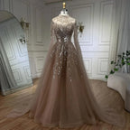 Karamellfarbenes Luxus-Abendkleid mit Cape-Ärmeln, A-Linie, Perlenbesetztes Spitzenkleid für die Hochzeitsfeier der Frauen 2025 LA72386 