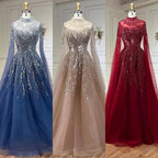 Karamellfarbenes Luxus-Abendkleid mit Cape-Ärmeln, A-Linie, Perlenbesetztes Spitzenkleid für die Hochzeitsfeier der Frauen 2025 LA72386 
