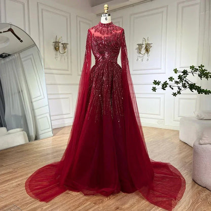 Vestido de noche de lujo color caramelo con mangas estilo capa, corte A, con encaje y cuentas, para boda femenina 2025 LA72386 