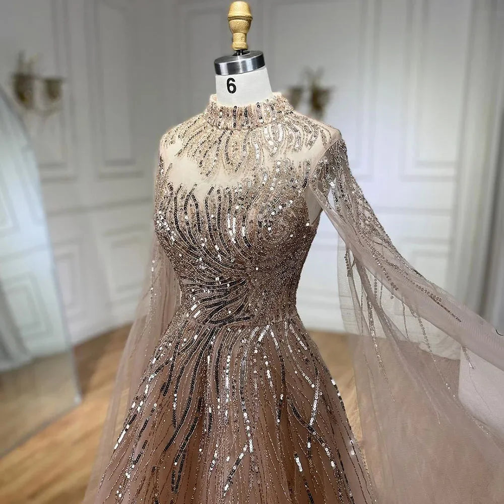 Karamellfarbenes Luxus-Abendkleid mit Cape-Ärmeln, A-Linie, Perlenbesetztes Spitzenkleid für die Hochzeitsfeier der Frauen 2025 LA72386 