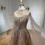 Karamellfarbenes Luxus-Abendkleid mit Cape-Ärmeln, A-Linie, Perlenbesetztes Spitzenkleid für die Hochzeitsfeier der Frauen 2025 LA72386 