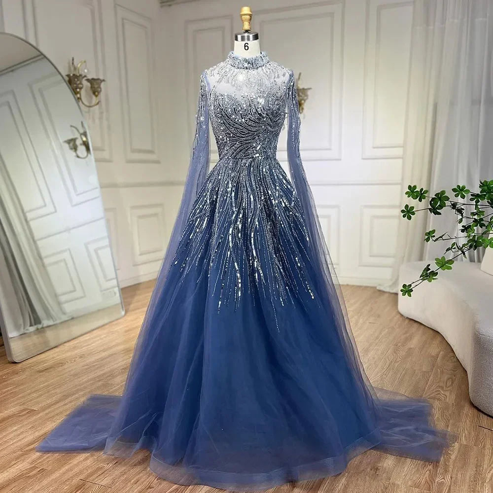 Karamellfarbenes Luxus-Abendkleid mit Cape-Ärmeln, A-Linie, Perlenbesetztes Spitzenkleid für die Hochzeitsfeier der Frauen 2025 LA72386 