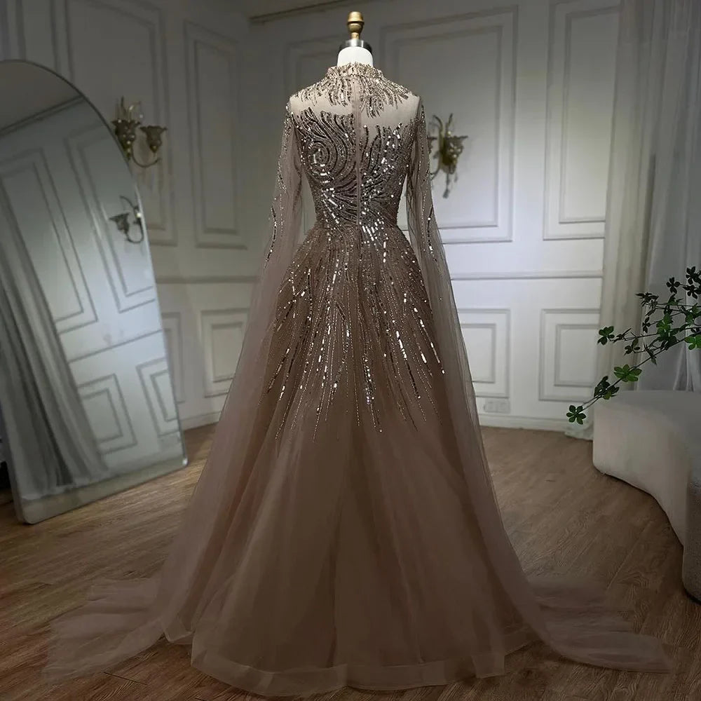 Karamellfarbenes Luxus-Abendkleid mit Cape-Ärmeln, A-Linie, Perlenbesetztes Spitzenkleid für die Hochzeitsfeier der Frauen 2025 LA72386 