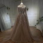 Karamellfarbenes Luxus-Abendkleid mit Cape-Ärmeln, A-Linie, Perlenbesetztes Spitzenkleid für die Hochzeitsfeier der Frauen 2025 LA72386 